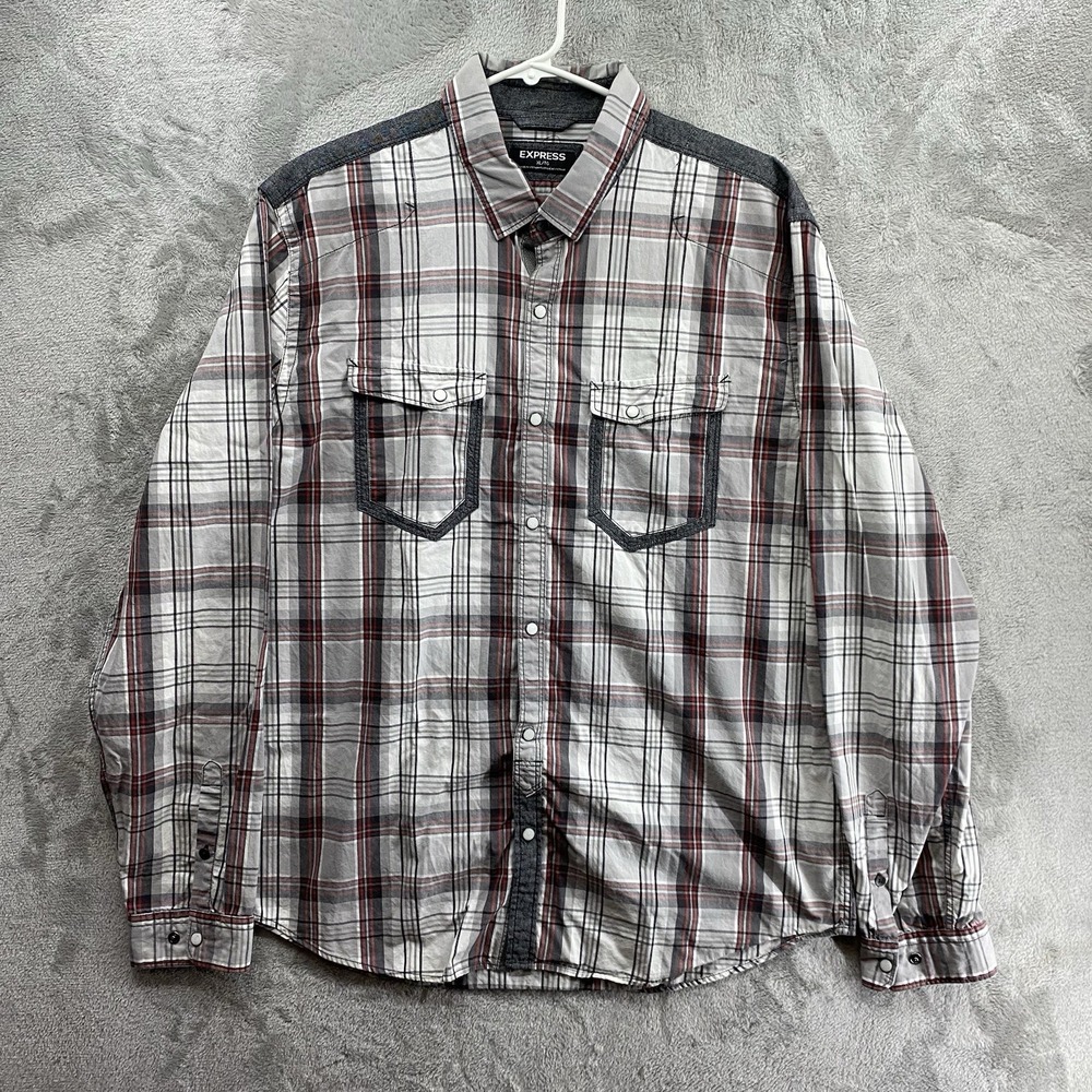 Express Plaid Western Snap Shirt Men's XL Chambray Contrast Trim